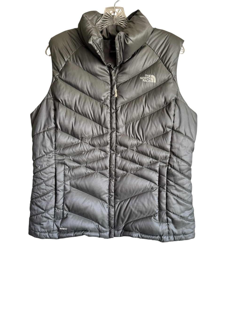The North Face Womens 550 Goose Down Vest Gray Puffer Zip Up Size XL